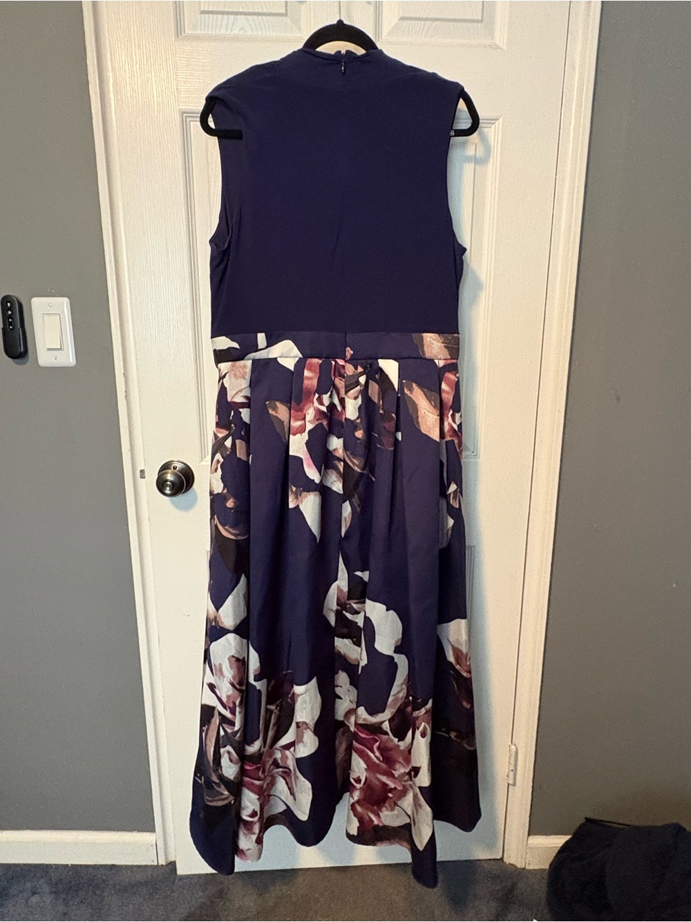 SLNY Navy Sleeveless Dress with Cream & Burgundy Floral Skirt